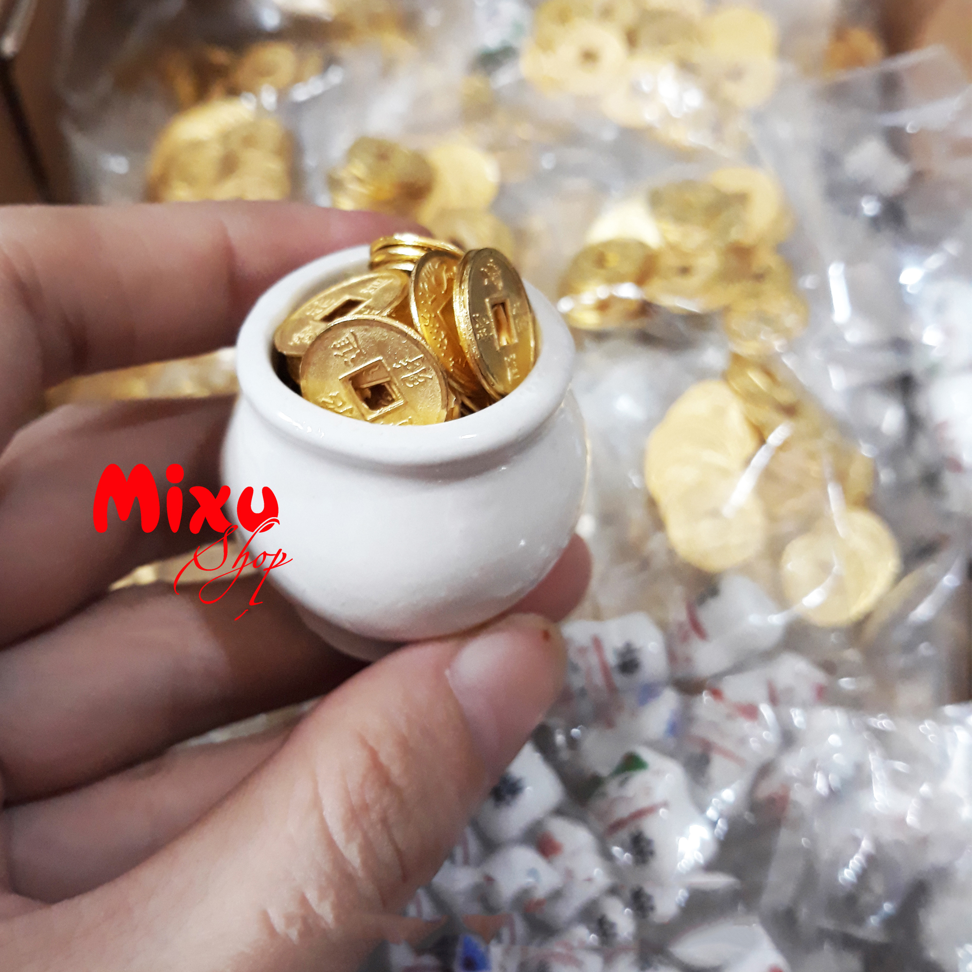 Bộ 05 tượng Di Lặc 7cm kèm đế và chum vàng