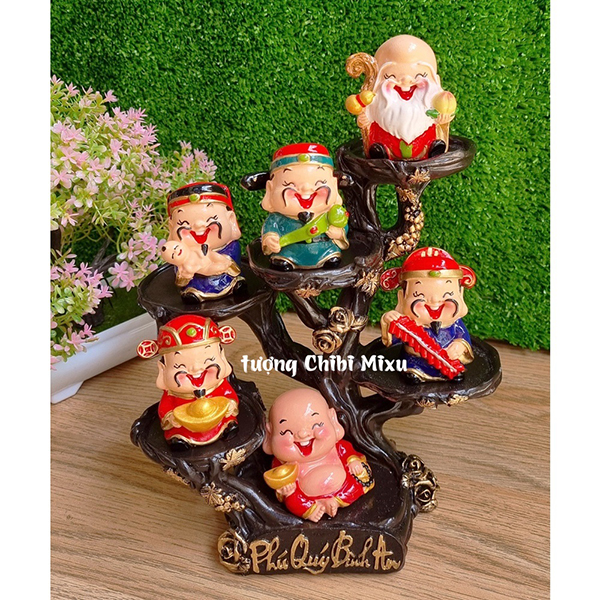 Bộ Ngũ Phúc 6cm kèm Di Lặc và chân đế