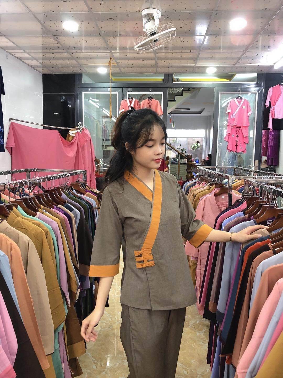Đồ bộ đi chùa, 3nút kte, vải tixi (nâu)