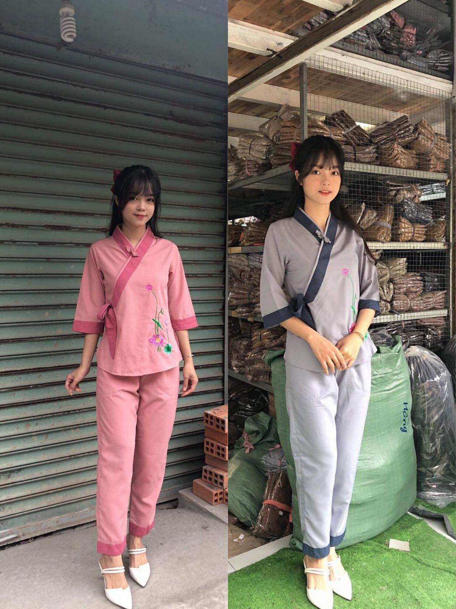 Đồ lam nữ phật tử phối sen (lam)