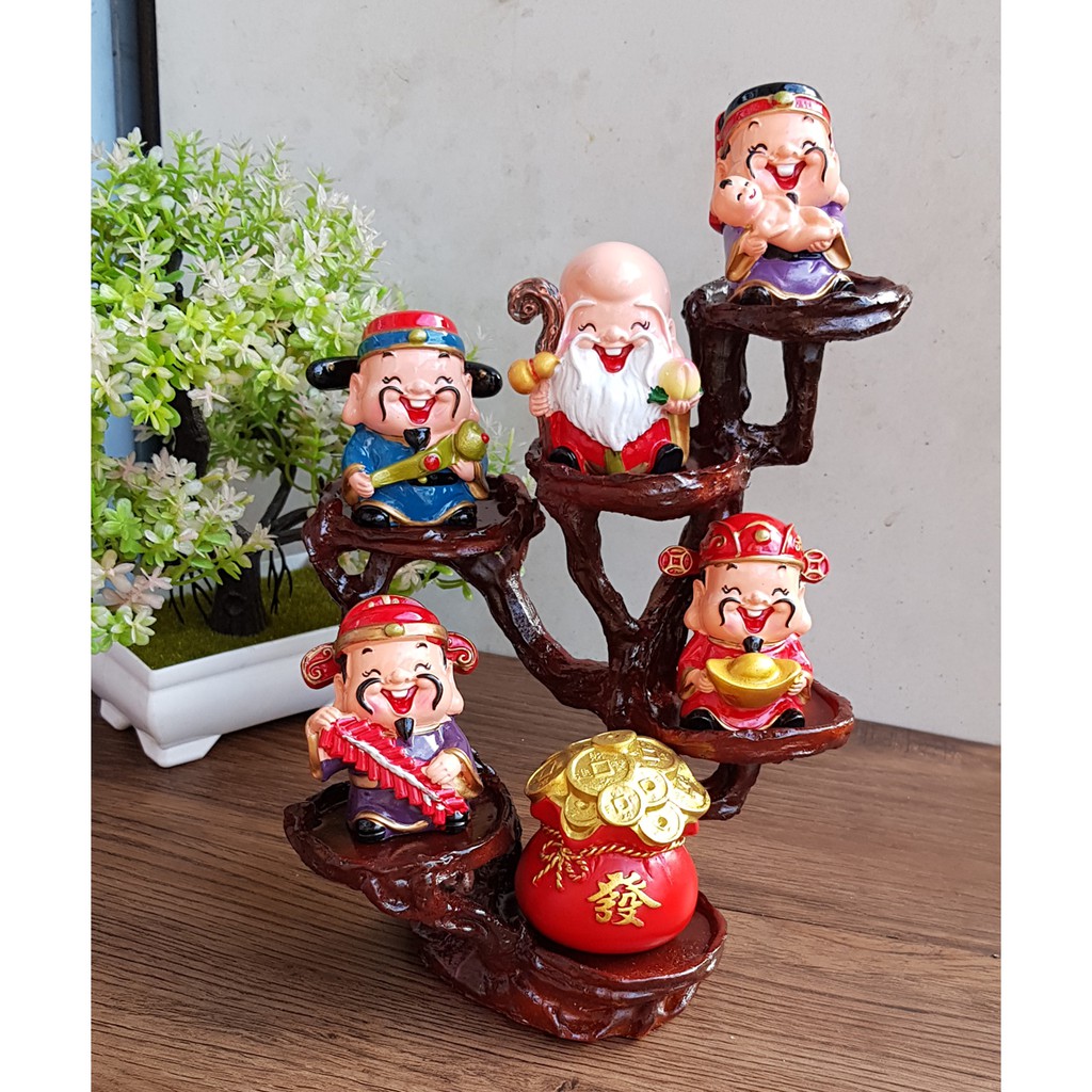 Bộ tượng Ngũ Phúc cao cấp kèm túi vàng đỏ chữ PHÁT và chân đế đứng 6 ô