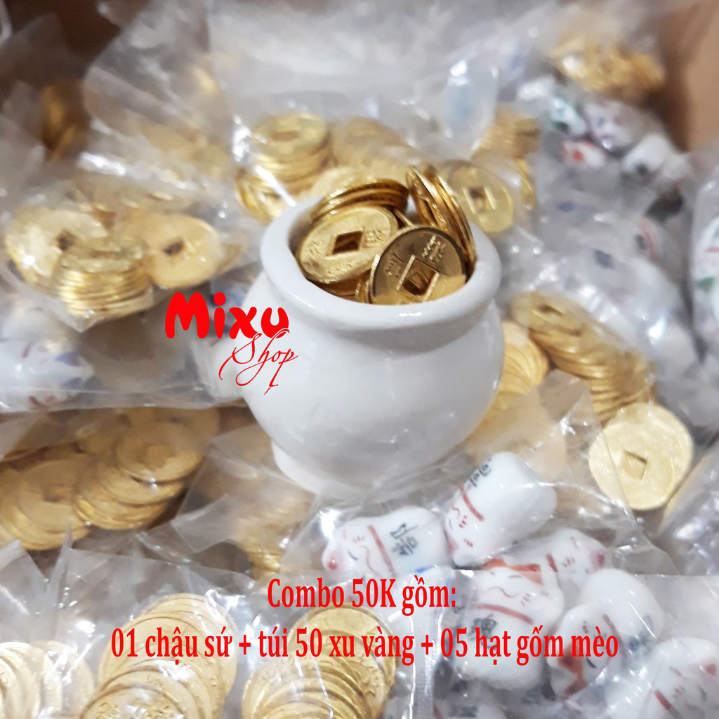 Bộ tượng Ngũ Phúc 6cm + hủ xu vàng + chân đế ngang 6